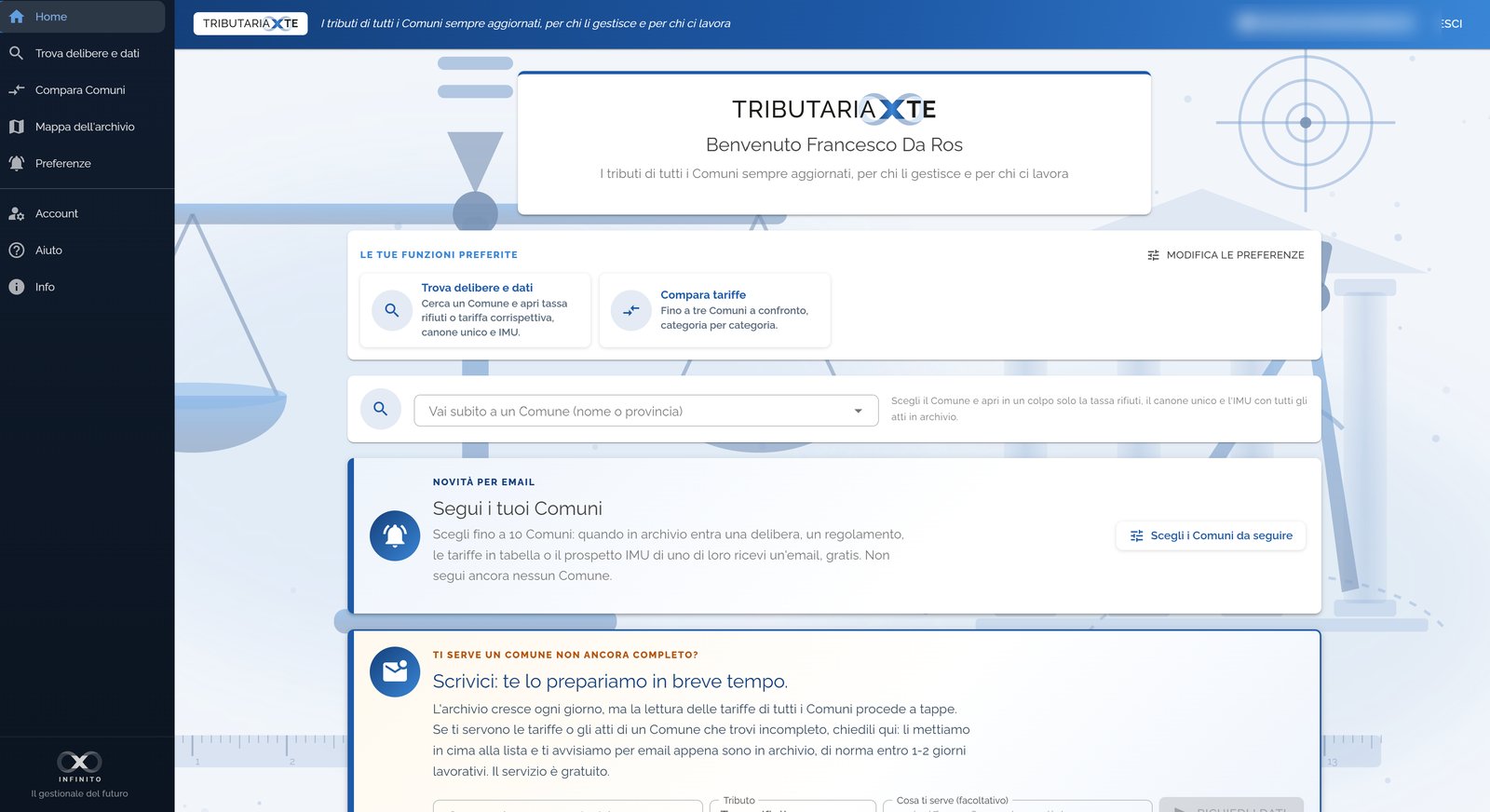 L’area riservata di Tributaria Per Te: funzioni preferite, ricerca del Comune e Comuni da seguire